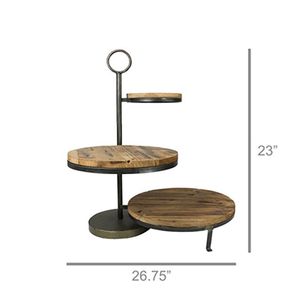 Support à pizza élégant à trois niveaux en métal de fer avec dessus rond en bois Serveur idéal pour les mariages, les restaurants et la présentation de table - Product Image 3