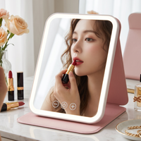 Miroir de maquillage portable pliable en cuir avec éclairage tactile rechargeable, 3 couleurs de lumière et gradation progressive