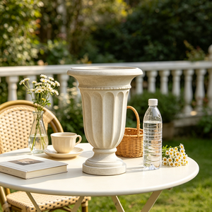Urne-jardinière classique à piédestal cannelé vertical, en résine blanc cassé texturée, style trophée, faite et peinte à la main, ornement de jardin vintage <span class=keywords><strong>romain</strong></span> - Product Image 3