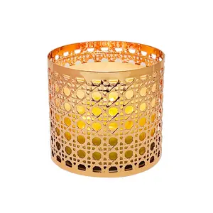 Tempat Lilin Emas Silinder Desain Potongan Logam Pena Pemegang Vas Bunga Dekorasi Rumah Tempat Lilin Logam