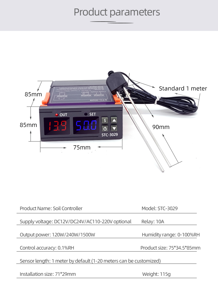 STC-3029 DC 12V 24V 110-220V Soil Moisture Meter Digital Humidity Sensor Soil Moisture Controller Soil Moisture Relay Display(图5)
