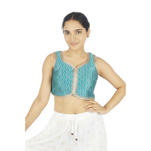 Turquoise Woven Brocade Embroidered 100% <b>Silk</b> Solid <b>Crop</b> Tank <b>Top</b> Queen Neckline Sleeveless Blouse for Women Party - Product Image 1