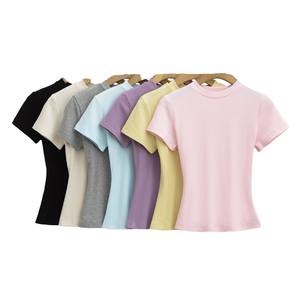 T-shirt actif pour femme, design personnalisé, amincissant, col sexy, manches courtes, léger, respirant, coupe ajustée, spandex/coton - Product Image 1