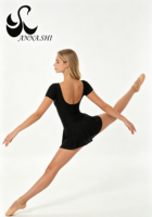 Maillot de Ballet Negro Mate de Manga Corta con Falda para Adultos/Niños, Espalda en U Grande, Traje de Danza para Clases