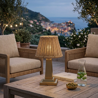 Lampe de table d'extérieur sans fil rechargeable à LED 3W, 50000 heures, charge rapide Type-C, tactile, intensité réglable, étanche IP44, en fer et rotin, pour hôtel