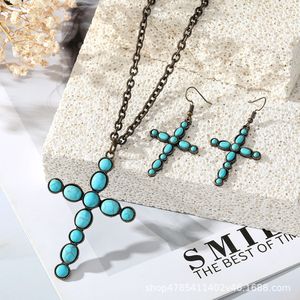 Cross Turquoise Pendant Necklace Set Zinc Alloy Bezel Setting Long <b>Tassel</b> <b>Earrings</b> Fashion Jewelry Geometric Design - Product Image 1