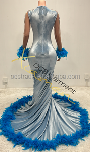 Ocstrade Abito da ballo rosso 2023 su misura con maniche a piuma e strass, elegante vestito da sera lungo da donna - Product Image 5