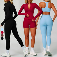 Ensemble de sport 4 pièces respirant avec logo personnalisé : veste, short taille haute, leggings pour femme – Idéal pour l'entraînement et la gym