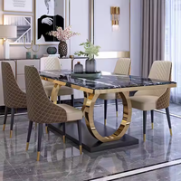 Table à Manger Moderne de Luxe en Marbre Ensemble 6 Chaises avec Plateau en Pierre Frittée Base en Acier Inoxydable Doré pour Bar Salle à Manger Meuble
