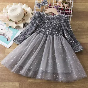 Abiti da festa da principessa per bambini con paillettes per la primavera autunno le ragazze a maniche lunghe vestono l'abito da sera in Tulle da sposa di compleanno per 3-8 anni