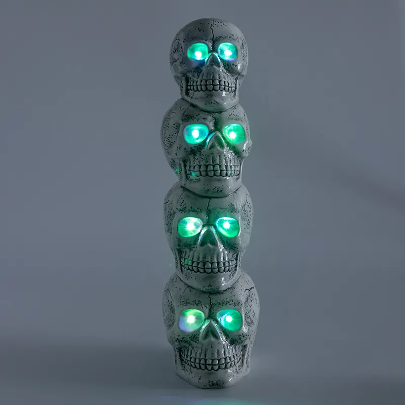 Cabeza de calavera de cerámica, escultura de pila con luz LED, estatua de Halloween