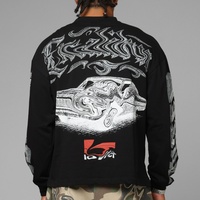 T-shirt noir streetwear à col montant et manches longues, imprimé numérique personnalisé avec strass et logos, 500g, 100% coton pour homme