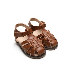 Sandálias infantis da moda, sapatos de verão de couro tecido à mão para crianças
