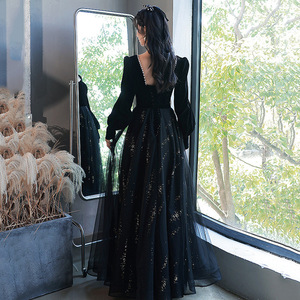 Black Evening Gown Sweetheart Neckline Long Sleeve Elegant For Banquet Art Exam 2026 Spring Dress - Product Image 4