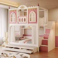 Lit superposé en bois massif pour enfants, style château de princesse moderne, avec escalier de rangement, tiroirs et rideau d'intimité pour chambre de filles