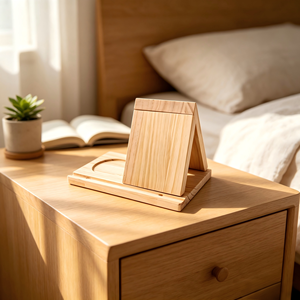 Support de téléphone pliable en bois de pin massif, poncé à la main, <span class=keywords><strong>avec</strong></span> rainure intégrée pour support de tasse et base de dessous de verre, pour usage quotidien sur bureau - Product Image 3