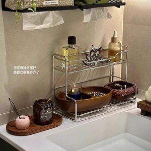 Estante de almacenamiento minimalista de doble capa para lavabos de baño, para guardar cosméticos, gel de ducha, artículos de aseo y suministros de drenaje. - Product Image 2
