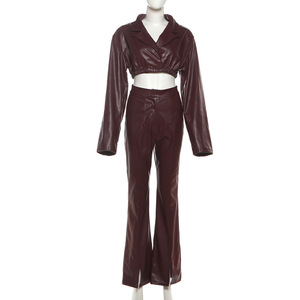 Autumn/Winter New Sexy Collared Crop Top With High-Waisted PU Leather <b>Trousers</b> Two-Piece Set for Women Fashion - Product Image 4