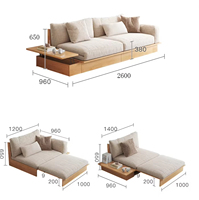 Sofá Cama Japonés de Madera Maciza con Reposabrazos Extensible Convertible, Espuma de Tela Suave, Mesa Elevadora para Sala de Estar con Almacenamiento