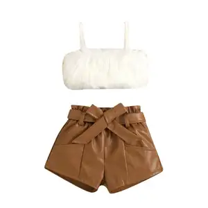 European girls woolly halter top solid color open bag lederhosen set with belt