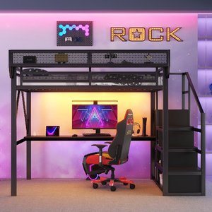 Lit mezzanine pleine taille avec bureau et station de charge, lit mezzanine avec escalier et éclairage pour enfants et adolescents, dortoir, ODM/OEM disponible - Product Image 2