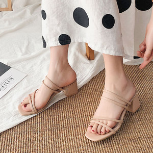 Nouvelles sandales à <span class=keywords><strong>talon</strong></span> moyen pour <span class=keywords><strong>femme</strong></span> <span class=keywords><strong>2020</strong></span>, style féerique à fines brides, mules noires à enfiler pour l'été, chaussures à <span class=keywords><strong>talon</strong></span> épais pour l'extérieur - Product Image 4