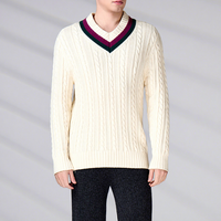 Pull-over classique de luxe à col en V, broderie personnalisée BSCI, manches longues, en coton blanc tricoté pour homme