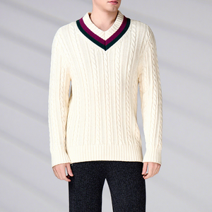 Suéter de Punto Clásico de Lujo con Cuello en V, Personalizado con Bordado BSCI, de Manga Larga, de Algodón Blanco, para Hombre - Product Image 2
