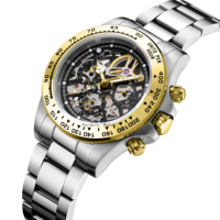 Montre DLC avec boîtier en acier inoxydable noir, mouvement automatique, montre de plongée en acier, cadran squelette avec marqueurs super lumineux