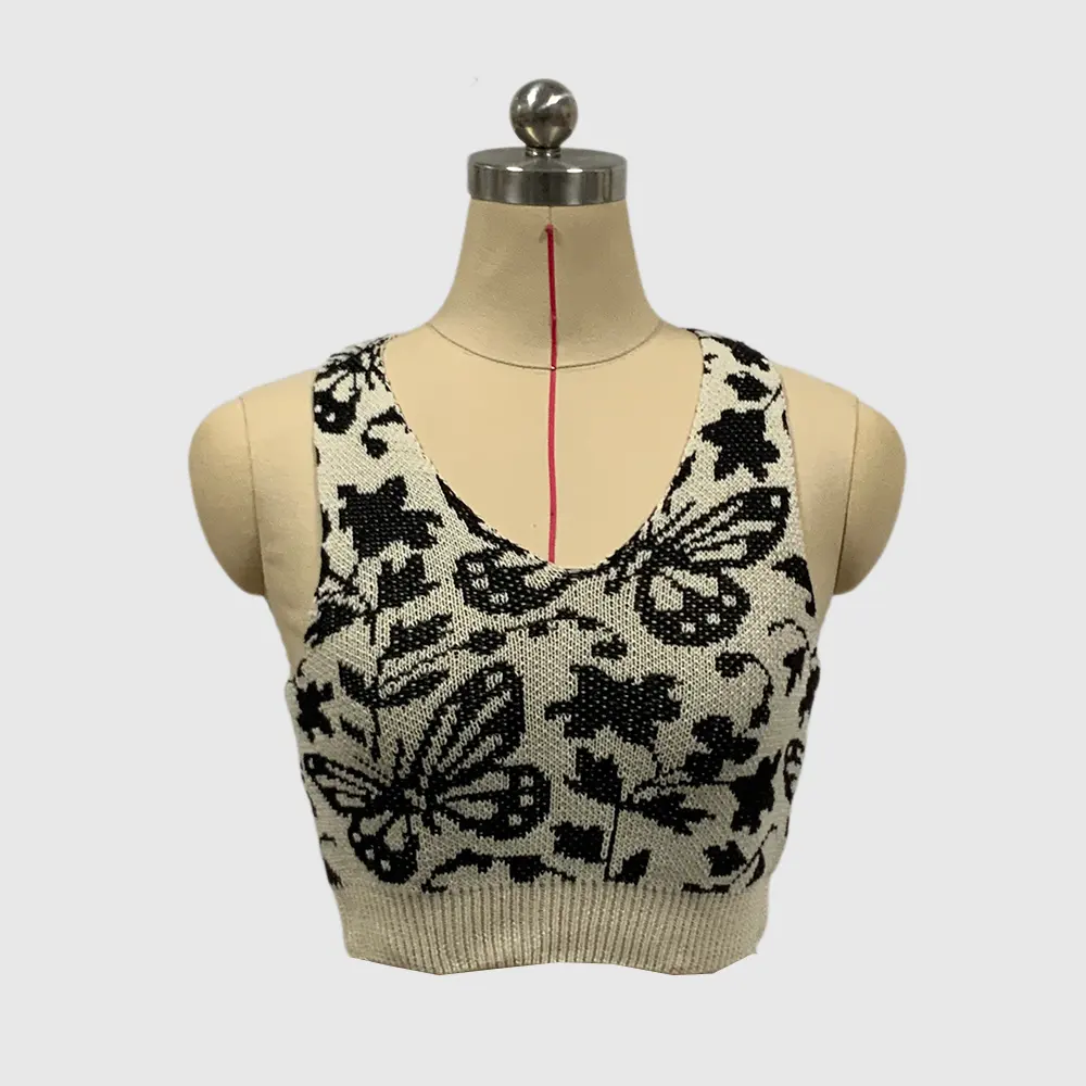 D1209td67 Schattige V-Hals Vlinder Cartoon Print Gebreide Cropped Trui Vest Voor Vrouwen Sehe Mode