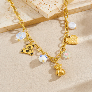 Cartoon Little Bear Gold Plated Pendant Necklace With Heart Chain And Painted Charms For Gift - Product Image 2
