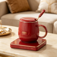 Mug en céramique auto-chauffant Tasse à café électrique Cuillère + couvercle Sous-verre à température constante Ensemble cadeau promotionnel pour entreprise Bureau à domicile