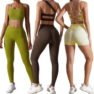 Grosir 5 buah setelan olahraga Fitness kustom pakaian aktif wanita legging olahraga tanpa kelim Set baju Yoga Gym