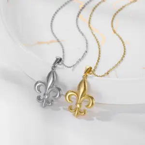 Non Tarnish PVD 18K Gold Plated Mens Necklace Stainless Steel Fleur De Lis French Lily Flower Pendant Charms Necklace Jewelry