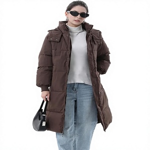 Veste matelassée longue à capuche pour femme, marron uni, manches longues, fermeture éclair, manteau d'hiver chaud avec capuche amovible, fibre de polyester F - Product Image 1
