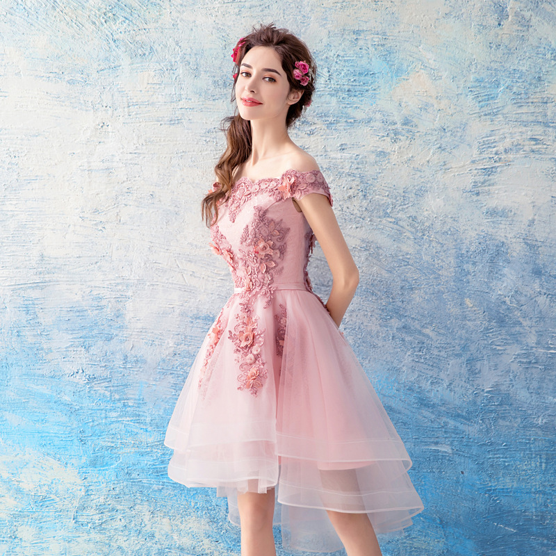 Off Shoulder Evening Dresses Satin Ruffled Boat Neck 3D Flowers High-Low  Party Dress| Alibaba.com
