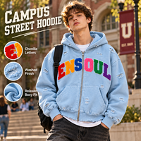 Sweat-shirts à capuche zippés personnalisés pour hommes, effet vieilli et délavé, avec broderie de patchs en chenille, coupe ample, style streetwear, en polaire, fabrication OEM