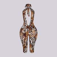 Combinaison sexy pour femme à imprimé léopard, col licou, découpes, dos nu, moulante, pour soirée et club, longueur genou