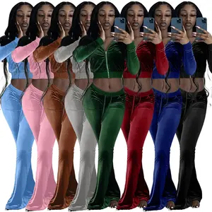 Autumn-Winter Women's Casual Sports Suit Solid Color Long Sleeve Sexy Bare Umbilical Two-Piece Leisurewear
