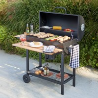 Vente en gros Grand baril à huile pour barbecue avec table pliante en bois Chariot à charbon de bois très résistant Barbecue Fumoir grill commercial pour l'extérieur