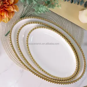 RP024 Restaurant 14 inch oval platter kitchen 10,12 inch porcelain serving dishes ceramic charger plates with silver beads rim