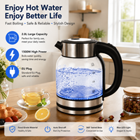 Bouilloire électrique en verre LED bleue 2,0 L 1500 W Prise UE pour thé, café et eau chaude – Vente en gros directe usine, marque privée pour la maison et la cuisine