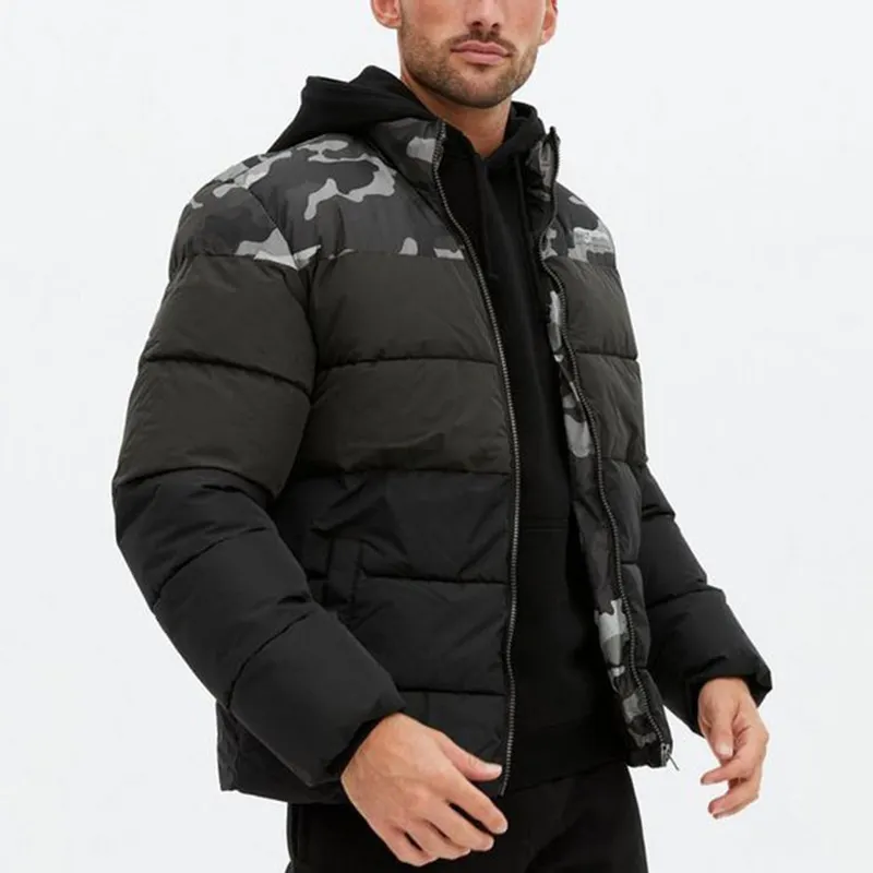 Custom Design High Neck Polyester Dark Grey Camo Cool Fashion Winter Down Jacket For Men