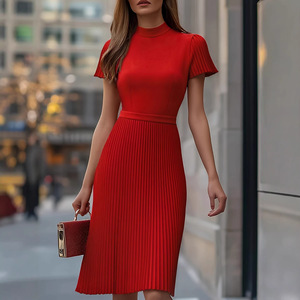 Abito Estivo da Donna Stile Francese, Maniche Corte, Vita Alta, Vintage Rosso, Silhouette Dritta, Casual in Maglia Plissettata - Product Image 1
