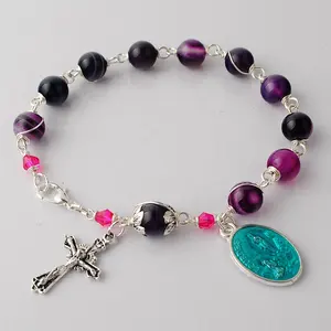 紫色玛瑙天然宝石珠子念珠天主教宗教用品珠宝手镯，配反银十字挂饰
