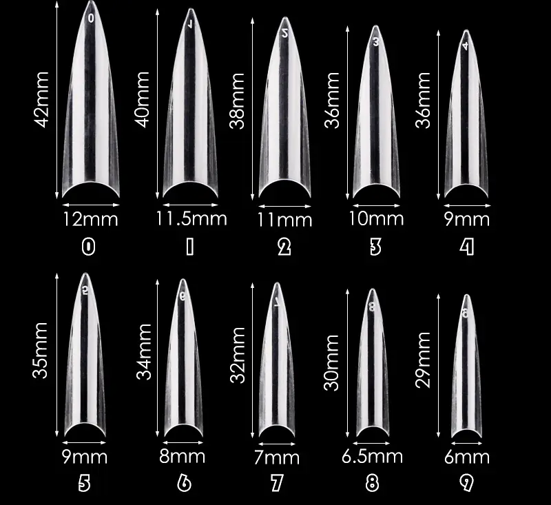 600 adet/torba akrilik orta uzun Stiletto Nail İpuçları yapay sivri keskin şeffaf tam kapak yanlış çivi