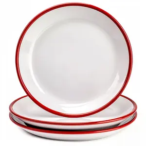 Custom Hot Sale Enamelware Good Price Red Rim Ceramic Dishes Enamel Plate for Soup Food Camping