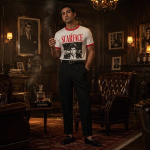 T-shirt Grafica Raglan Bianca con Stampa <span class=keywords><strong>Scarface</strong></span> All Day World Is Yours, Stile Distressed Streetwear, 100% Cotone 300g, Metour Ingrosso - Product Image 2
