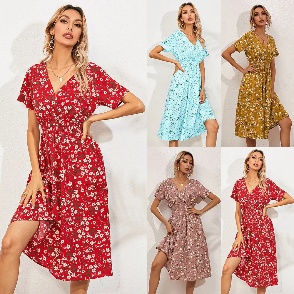 New Arrival Elegant Womens Floral Print Summer Casual Dress short Sleeve Flower Dress 36 styles