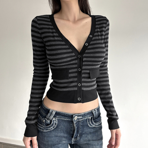 <b>Womens</b> Striped Color Block <b>V</b> <b>Neck</b> Button Front Cropped Long Sleeve Slim Fit Digital Printing <b>T</b> <b>Shirt</b> Streetwear Casual Top - Product Image 5